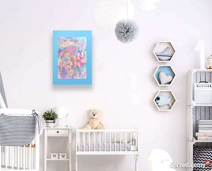 ręcznie malowany obrazek z kwiatkami łąka wielokolorowy