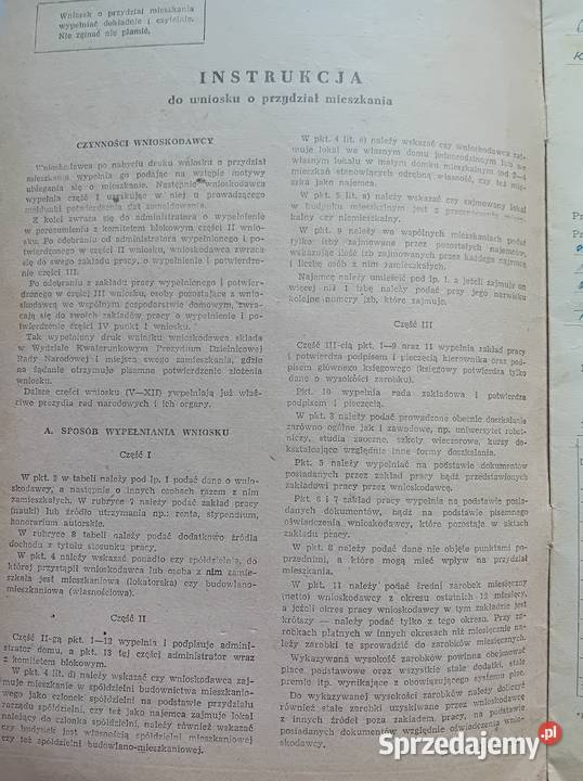 Dokument z PRL wniosek o przydział mieszkania Antykwariat Koźminek