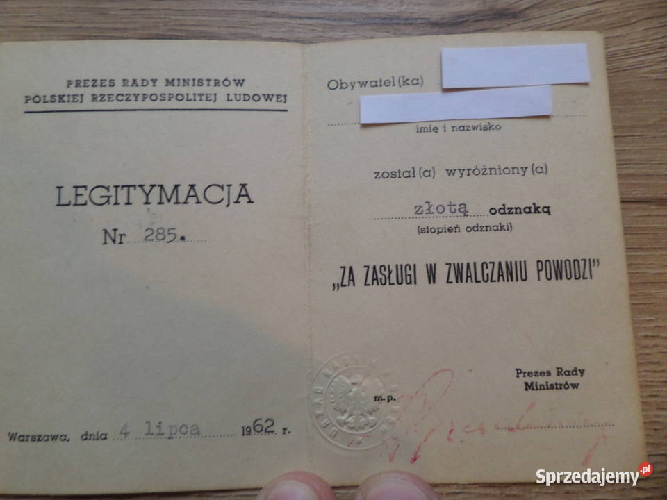 Zasługi w Zwalczaniu Powodzi z dokumentem 1962 Poznań