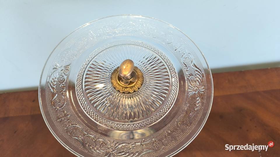 Piękna mosiężna patera z kryształowym szkłem Łódź