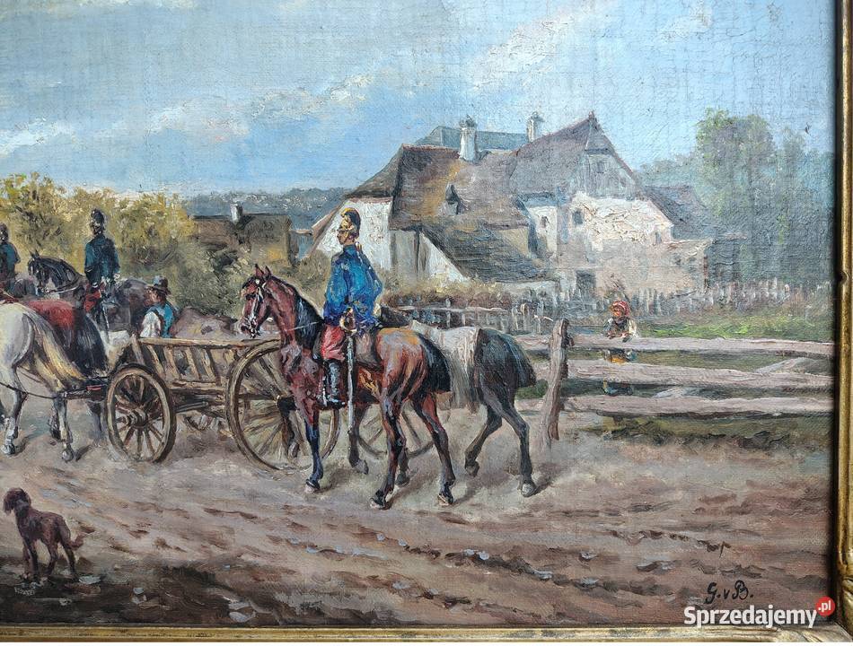 Stary obraz olejny Wymarsz Kartuzy