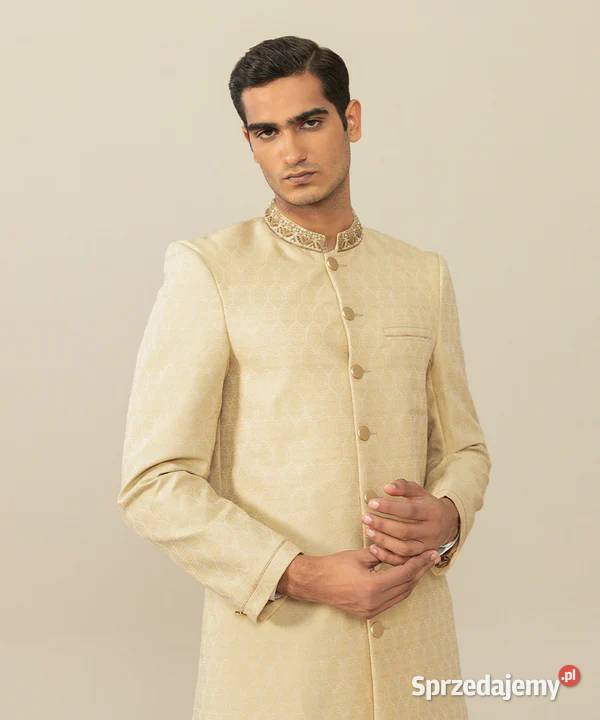 Elegancki indyjski sherwani achkan kremowy haft Szczecin