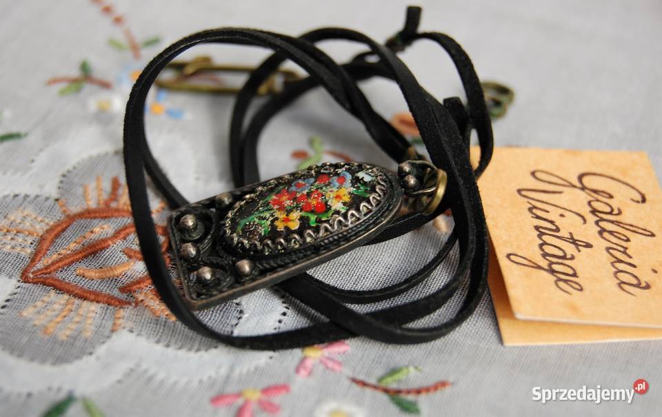 Stary wisior filigran mosiądz malowany kwiaty Lublin