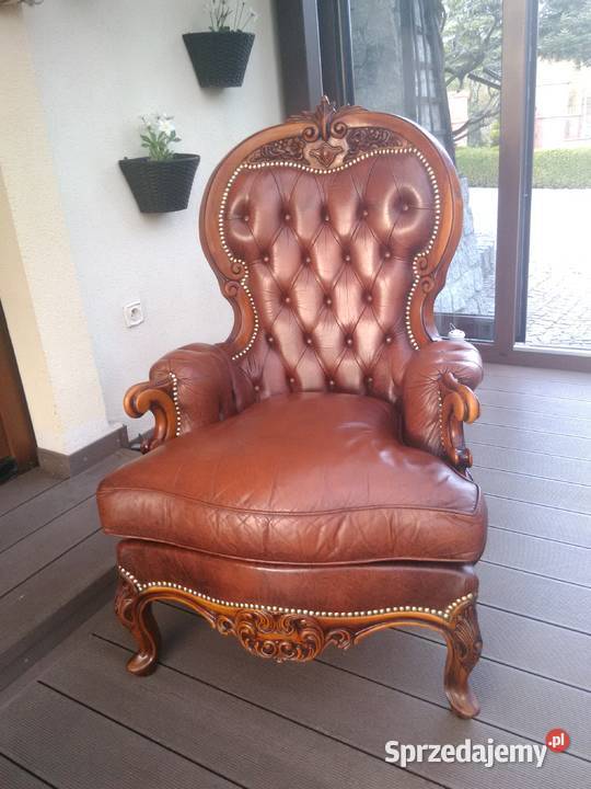 Fotel LudwikBarok Rzeźbione Skóra Antyk Stan łódzkie Kluki