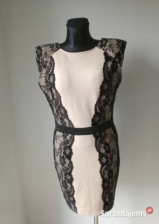 Beżowa Sukienka wyszywana czarną koronką kwiaty Krosno