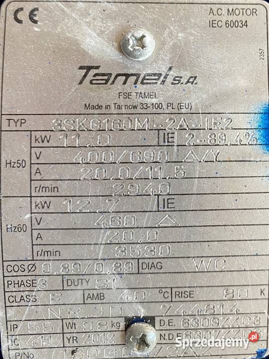 silnik elektryczny 11kW 2940obr 3fazowy Tamel Części do elektronarzędzi Pigża