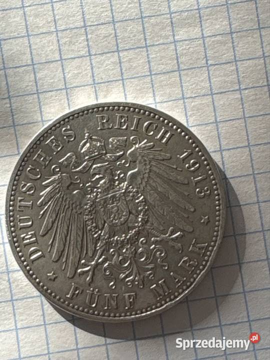 Oryginalna srebrna moneta 5 Marek 1913 z okresu