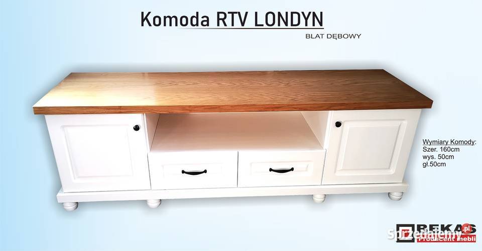 Biała Komoda 160 LONDYN rtv Blat Dębowy BEKAS Grudziądz