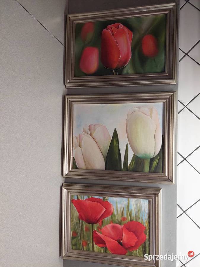 Kwiaty w jasnozłotej ramie trzy obrazy dolnośląskie