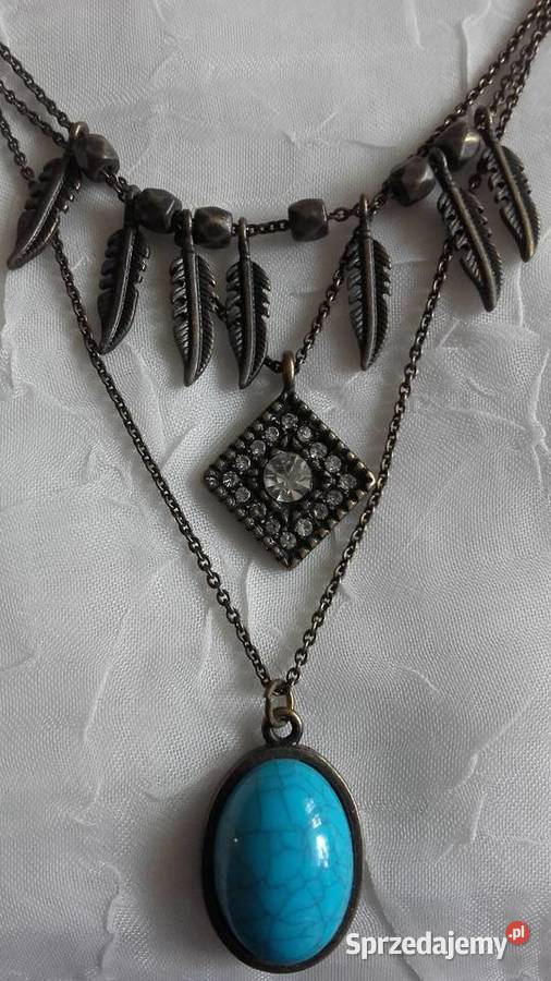 NASZYJNIK W ANTYCZNYM BRĄZIE Z TURKUSEM PIÓRKAMI wielkopolskie Piła