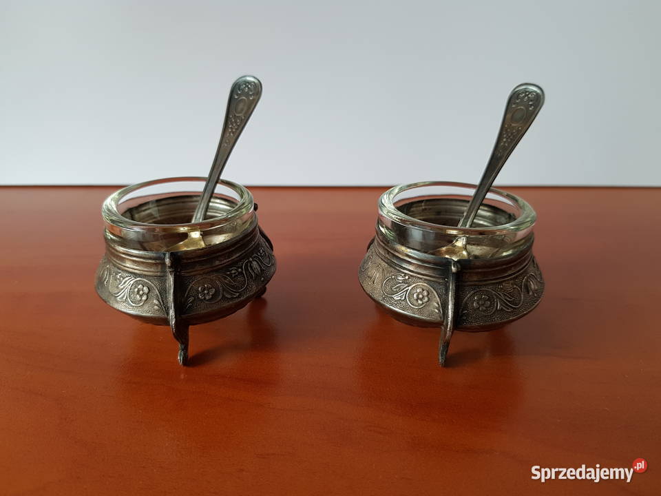 Dwie stare sygnowane solniczki z łyżeczkami ZSRR Dąbrowa Górnicza