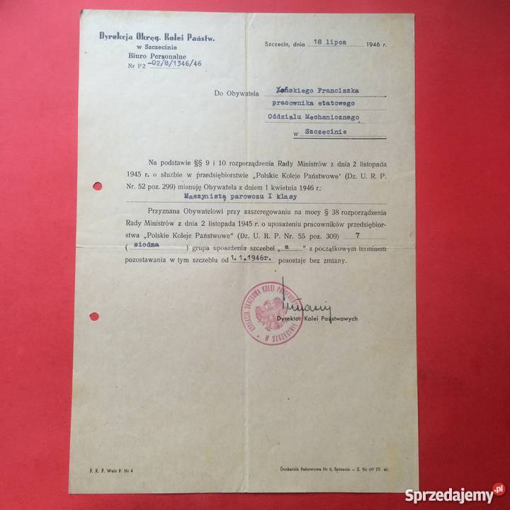 774 Pismo o mianowaniu na maszynistę parowozu Szczecin