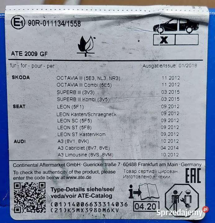 ATE KLOCKI HAMULCOWE PRZÓD VW AUDI SEAT SKODA dolnośląskie Mielęcin