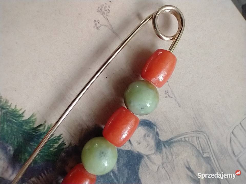 Długa spinka broszka mosiądz złota naturalne Rękodzieło Łódź