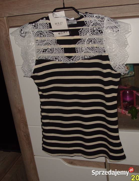NOWY Topik Bluzka w czarno beżowe paseczki Paski Rawicz