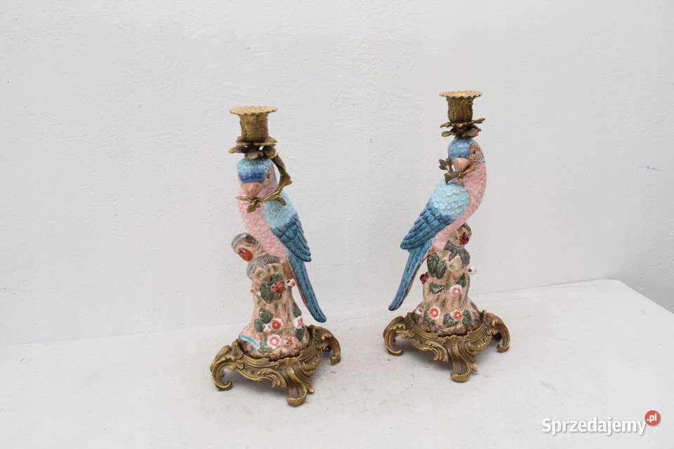 2 ŚWIECZNIKI PORCELANA BRĄZ PAPUGI OKUTE BRĄZEM małopolskie Kraków sprzedam