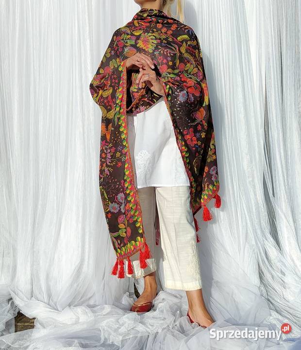 Duży szal pashmina chusta czarny kolorowy wzór Dla kobiet Szczecin