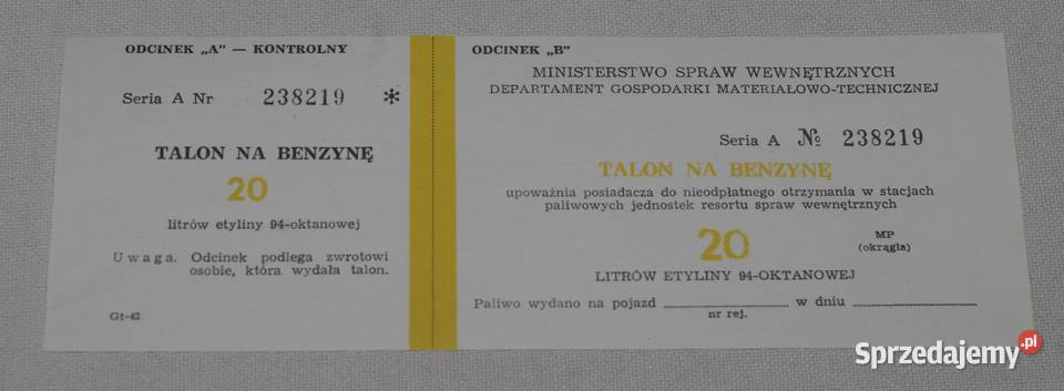 Sprzedam talon na 20l benzyny z czasów PRL