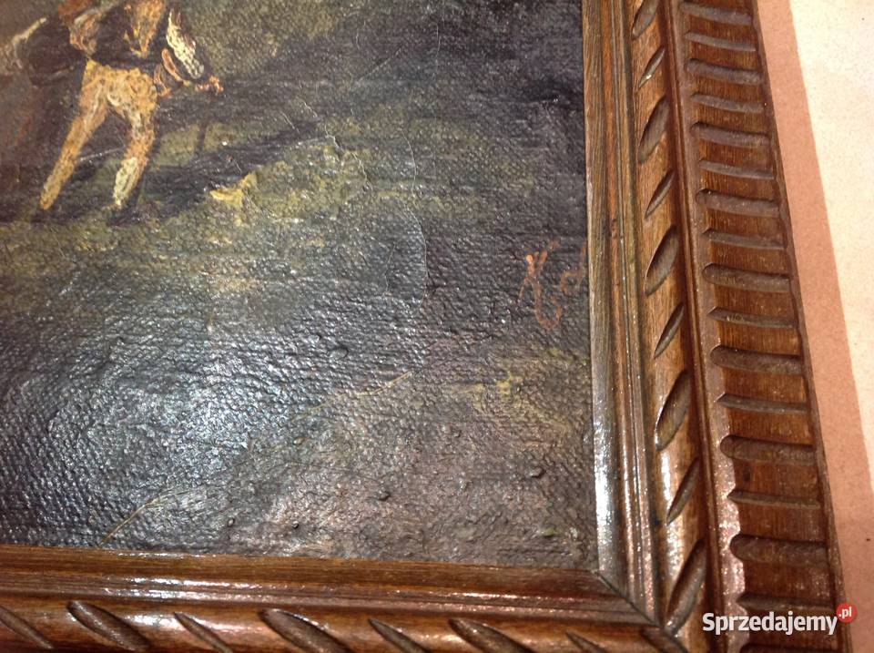 Stary Obraz Olejny w Drewnianej Zdobionej Ramie
