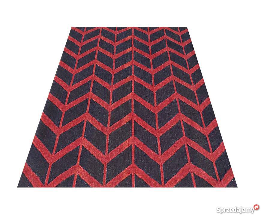 60 dywan wełniany kilim pasy czerwone czarny