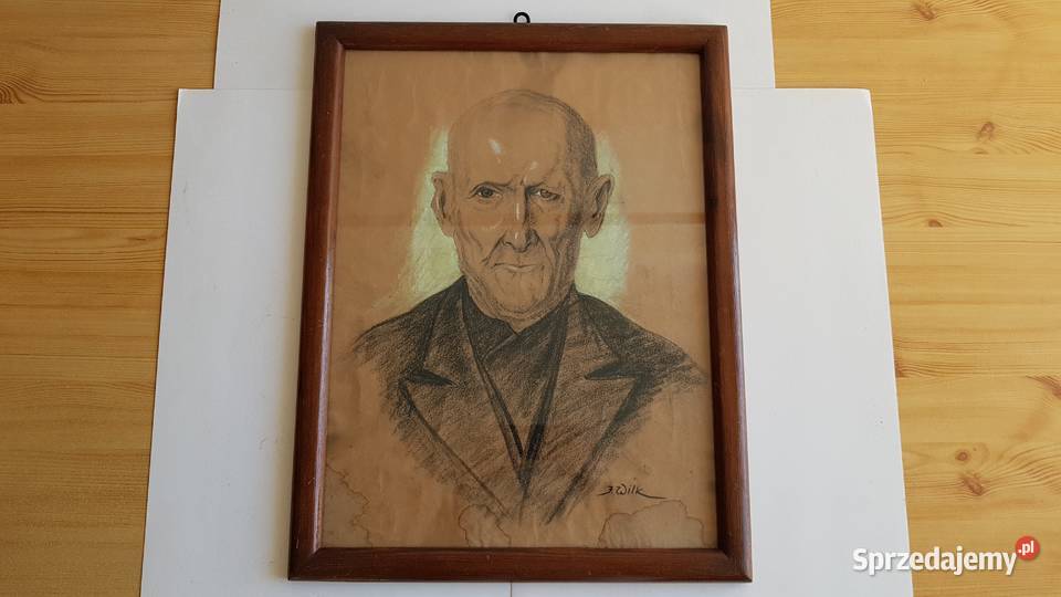 Stary obraz portret pastelkredka sygnowany Józef Dąbrowa Górnicza