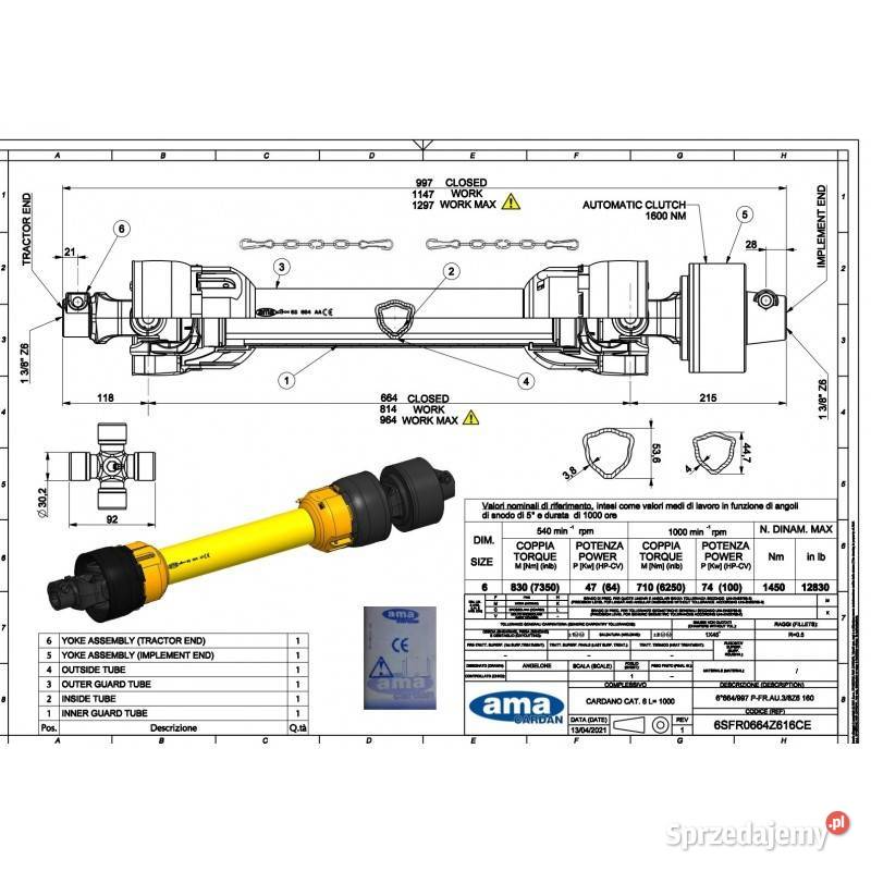 Wał ze sprzęgłem automatycznym L997 1600Nm sprzedam
