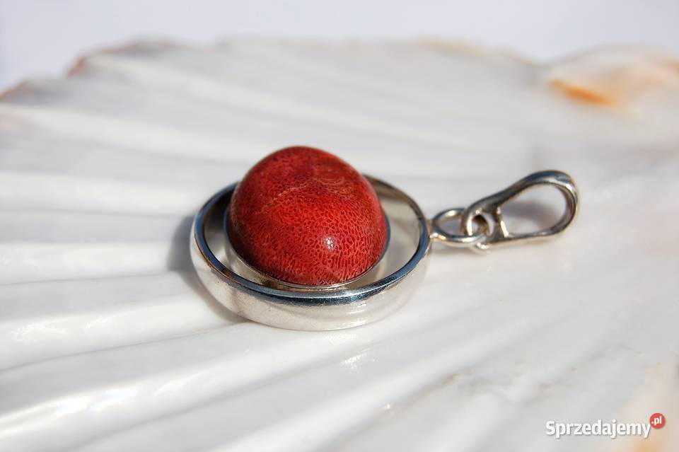 Wisior elipsa koral czerwony srebro pr 925 Naszyjniki