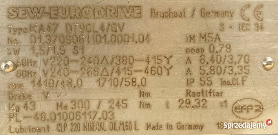 motoreduktor przekładnia 15kW 48obr HAMULEC SEW Pigża