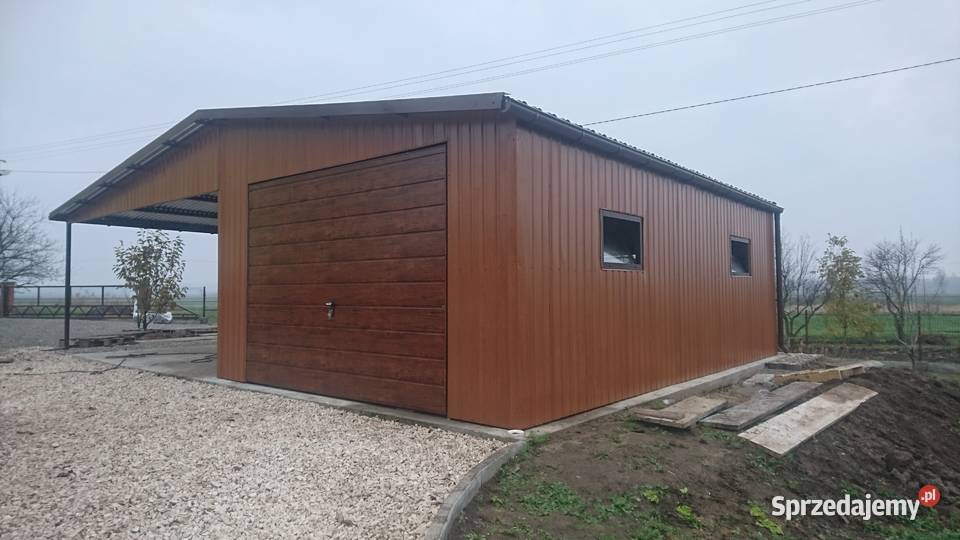 BRĄZOWY Garaż Blaszany 9x6 z ZADASZENIEM BOCZNYM Biała