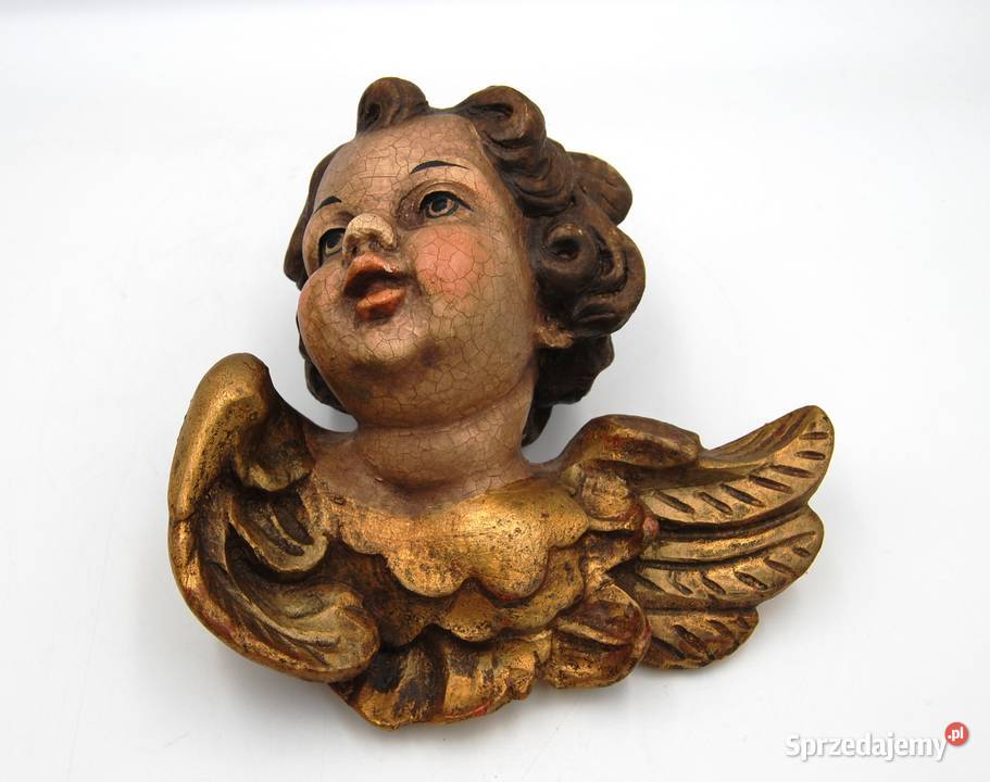 Rzeźba drewniana głowa anioła putto XIX w Antyki, Sztuka, Kolekcje wielkopolskie Poznań sprzedam