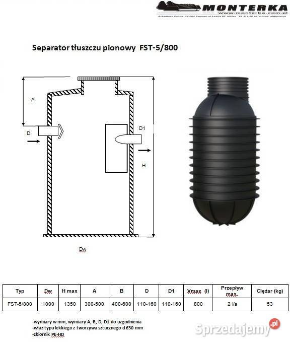 Separator Tłuszczu przepływ 5 ls poj 800 L zachodniopomorskie Tanowo