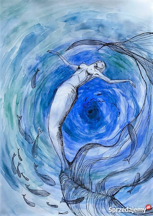 Grafika akwarelą i piórkiem Ławica artystki A