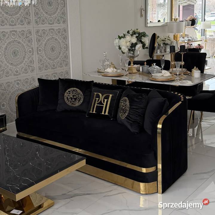 Ekskluzywna sofa czarna 3 osobowa złota kanapa Warszawa