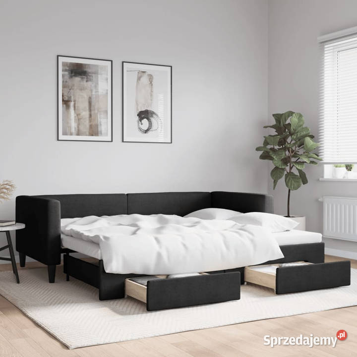Sofa rozsuwana z szufladami czarna tkanina Łóżka Warszawa