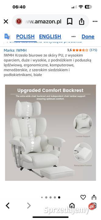 Ergonomiczne krzesło biurowe białe ze skóry PU Bielsko-Biała