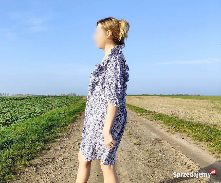Kwiatowa sukienka HM M 38 bufki retro niebieskie Szczecin