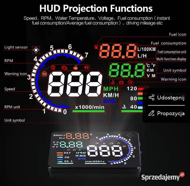 HUD A8 55 OBD2 projektor na szybę LED prędkość