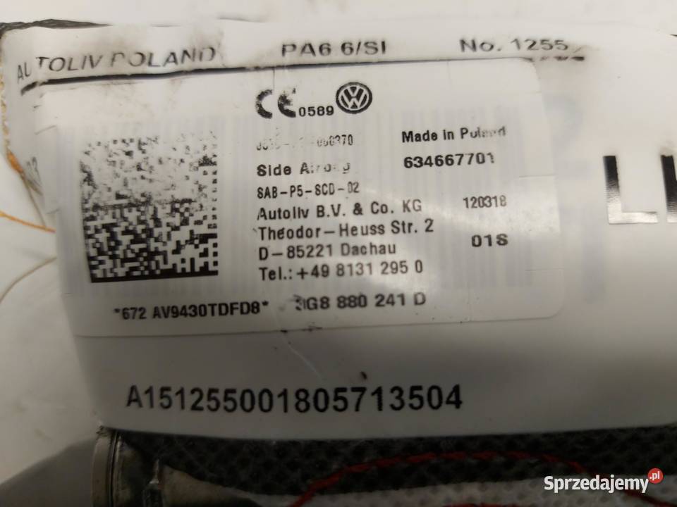 VW Arteon 3G8 2018r PODUSZKA POWIETRZNA FOTELA