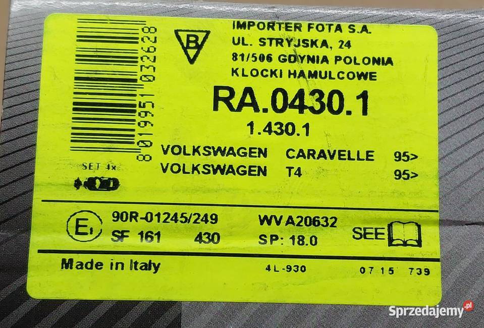 KLOCKI HAMULCOWE PRZÓD VW TRANSPORTER IV T4 Mielęcin