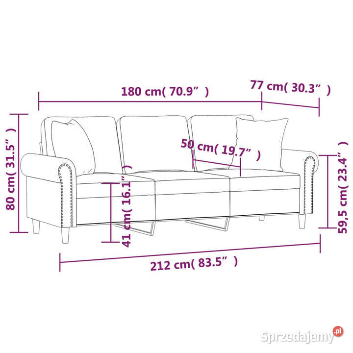 3osobowa sofa z poduszkami brązowa 180 aksamit mazowieckie
