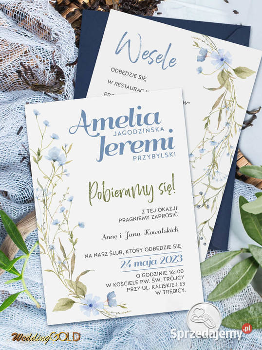 Niebieskie zaproszenia ślubne Kwietna Łąka