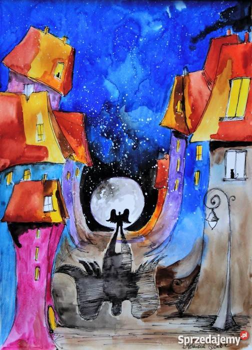 Akwarela Anioł w mieście artystki plastyka Katowice