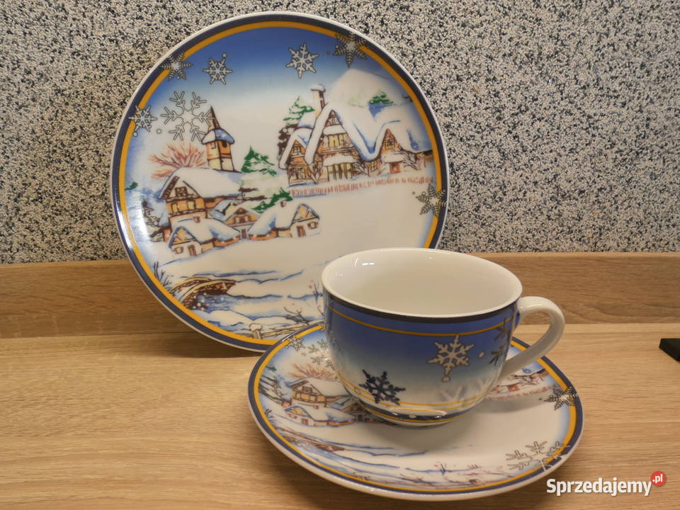Zestaw śniadaniowy trio motyw świąteczny Porcelana i szkło wielkopolskie Raszków