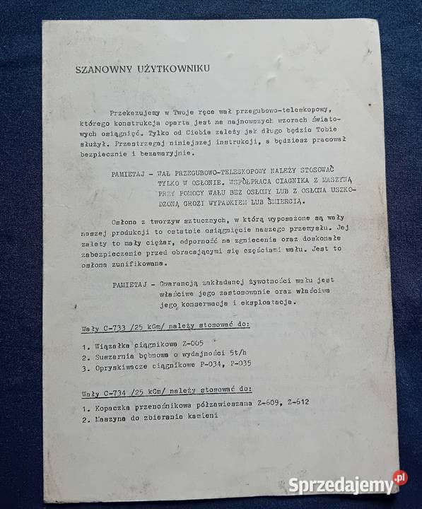 Instrukcja obsługu wału przegubowo teleskopowego Koźminek