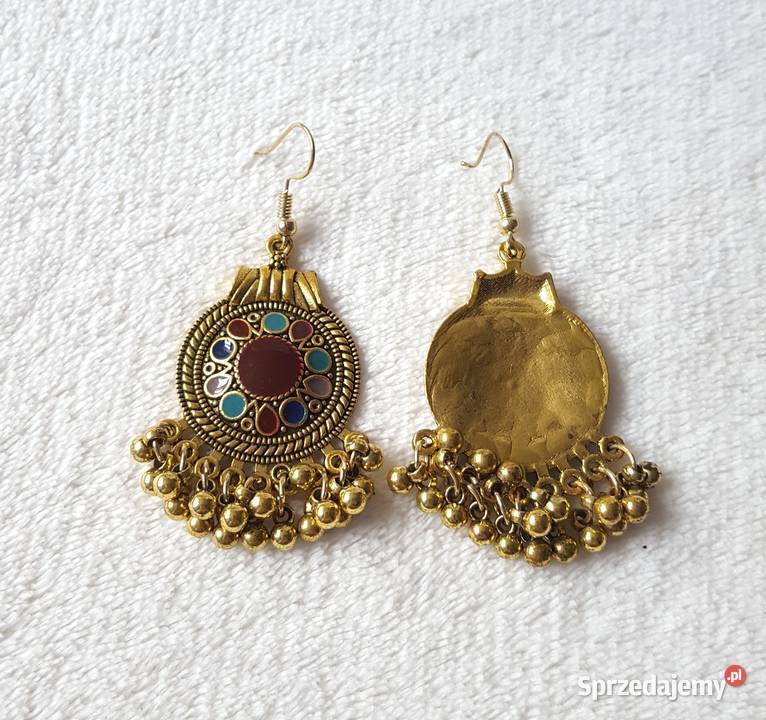 Okrągłe kolczyki boho etno hippie zoty kolor Zegarki i Biżuteria
