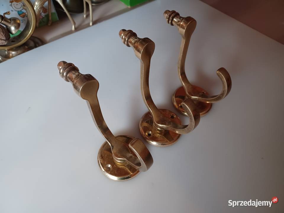 Trzy mosiężne masywne stylowe wieszaki Poznań