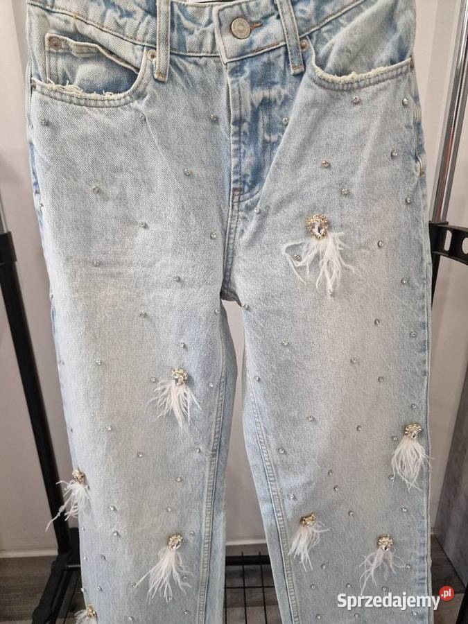 Spodnie Jeansowe Xs S M piórka perełki Moda i Styl
