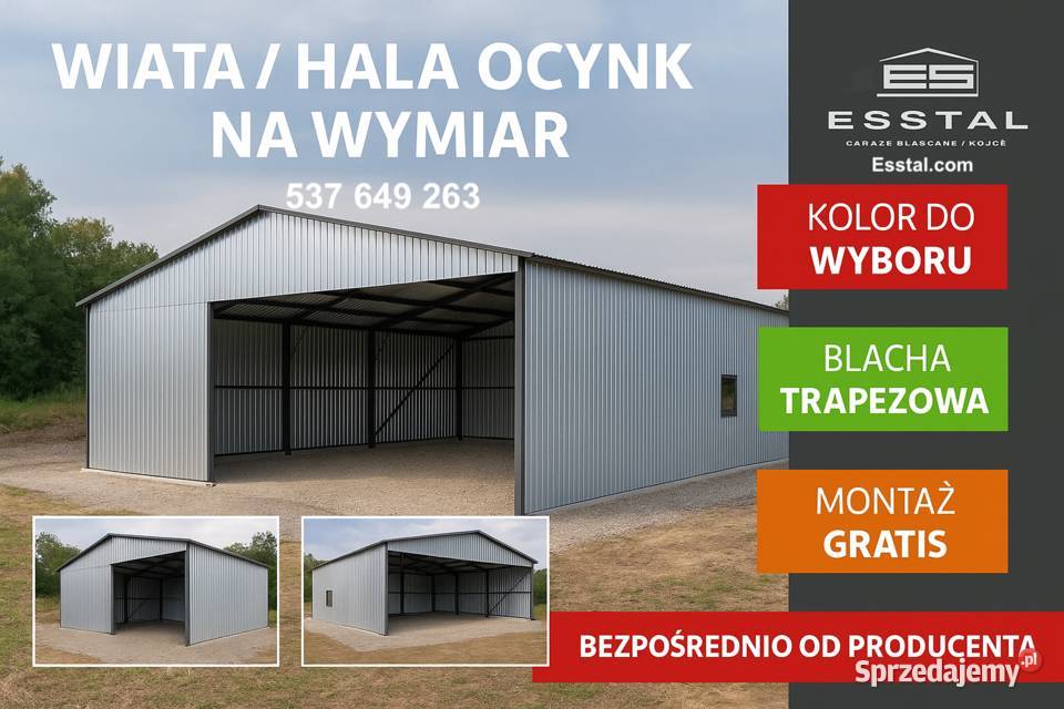 Garaż  OTWARTY Wiata Hala Garaż Blaszany Magazyn 60m2 Ostrów Mazowiecka