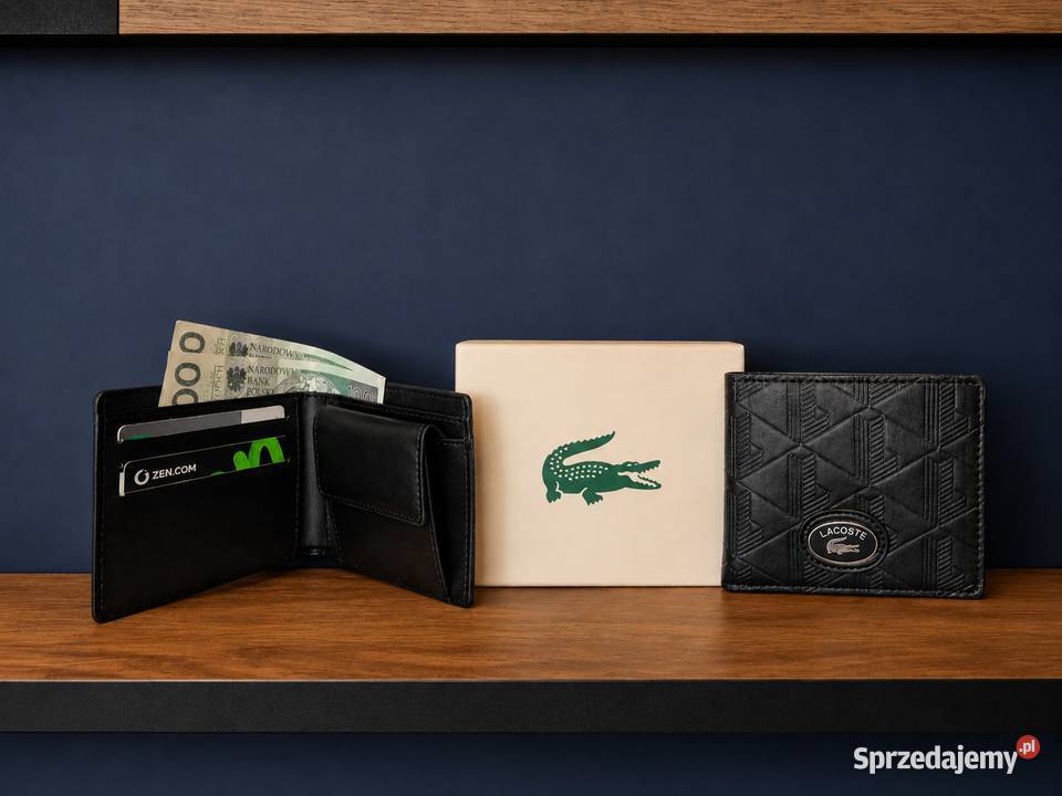 Lacoste Portfel Męski Skórzany Czarny Premium + pudełko