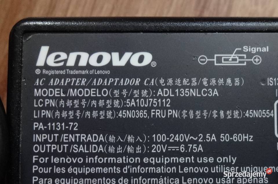 Zasilacz LENOVO ADL135NLC3A 20V 675A Pozostałe zachodniopomorskie Szczecin